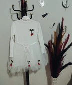 Kiraz Desenli Kurdela Kuşaklı Astarlı Uzun Kollu Kız Çocuk Tütü Elbise Beyaz thumbnail 6