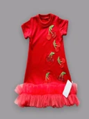 Petli Kiraz Nakışlı Eteği Fırfırlı Jile Kız Çocuk Elbisesi Kırmızı - 4