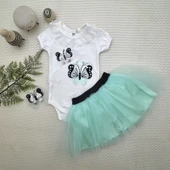 Petli Kelebek Nakışlı Taçlı Kısa Kollu Tütü Etek 3lü Kız Bebek Takımı Su Yeşili thumbnail 2