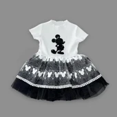 Petli Mickey Baskılı Brode Etekli Kız Bebek Elbisesi Siyah - 4