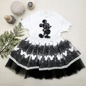 Petli Mickey Baskılı Brode Etekli Kız Bebek Elbisesi Siyah - 3