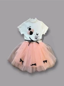 Uğur Böceği Nakışlı Kurdela Kuşak Kız Çocuk Elbisesi Somon-ekru - 3