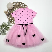 Puantiyeli Kelebek Etekli Astarlı Kız Çocuk Elbisesi Pembe - 2
