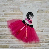 Saçı Örgülü Kız Nakışlı Kurdelalı Kısa Kollu Tütü Etek 2li Kız Bebek Takımı Fuşya thumbnail 2