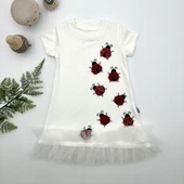 Uğur Böceği Nakışlı Fırfır Uçlu Kız Çocuk Jile Elbisesi Beyaz - 3