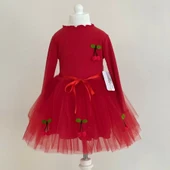 Kiraz Desenli Kurdela Kuşaklı Astarlı Uzun Kollu Kız Çocuk Tütü Elbise Kırmızı thumbnail 1