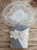 Yenidoğan Teri Cotton Taç Nakışlı Prizma Taş Kundak Bebek Battaniyesi Krem - 2