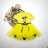 Puantiyeli Mickey Baskılı Kurdela Kuşaklı Astarlı Kız Bebek Tütü Elbisesi Sarı - 2