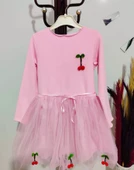 Kiraz Desenli Kurdela Kuşaklı Astarlı Uzun Kollu Kız Çocuk Tütü Elbise Pembe thumbnail 6