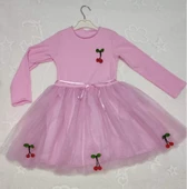 Kiraz Desenli Kurdela Kuşaklı Astarlı Uzun Kollu Kız Çocuk Tütü Elbise Pembe thumbnail 4