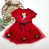 Puantiyeli Mickey Baskılı Kurdela Kuşaklı Astarlı Kız Bebek Tütü Elbisesi Kırmızı - 3