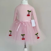 Kiraz Desenli Kurdela Kuşaklı Astarlı Uzun Kollu Kız Çocuk Tütü Elbise Pembe thumbnail 2