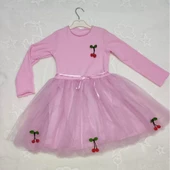 Kiraz Desenli Kurdela Kuşaklı Astarlı Uzun Kollu Kız Çocuk Tütü Elbise Pembe thumbnail 5