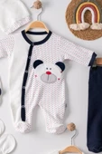 Puanlı Ayıcık Nakışlı Tulumlu % 100 Pamuk Erkek Bebek 5'li Set thumbnail 5