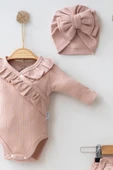 Fırfır Detaylı Fiyonk Boneli % 100 Pamuklu Kız Bebek Takımı thumbnail 5