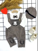 Papyonlu Kırçıl Nakış Detaylı Kasket Şapkalı Uzun Kollu 3lü Erkek Bebek Salopet Takımı Bej thumbnail 3