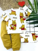 Pooh Baskılı Yaka Çıtçıtlı Uzun Kollu Sweatli 2li Kız Erkek Bebek Takımı - 2