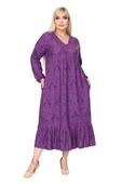 Melsay Butik Kışlık Robalı Yumoş Uzun Kollu Mor Dantel Desenli Elbise - 1