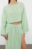 Tarz Kadın Modern Moda Normal Bel Boru Paça Kayık Yaka Mint Dokuma Yırtmaçlı Müslin Bluz Etek Takım - 4