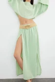Tarz Kadın Modern Moda Normal Bel Boru Paça Kayık Yaka Mint Dokuma Yırtmaçlı Müslin Bluz Etek Takım - 1