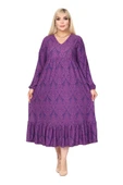 Melsay Butik Kışlık Robalı Yumoş Uzun Kollu Mor Dantel Desenli Elbise - 3