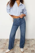 Moda Kadın Gömlek Yaka Çizgili Günlük Çizgili Düşük Kol Crop Regular Normal Kalıp Dokuma Gömlek - 4