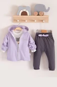 Prences Nakışlı Kapişonlu 3'lü % 100 Pamuk Kız Bebek Takımı thumbnail 1