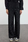 Tarz Kadın Modern Moda Normal Bel Boru Paça Gömlek Yaka Taş Detaylı Dokuma Alt-Üst Takım - 4