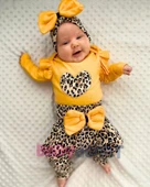 Fiyonklu Leopar Desenli % 100 Pamuk Kız Bebek Takım thumbnail 1