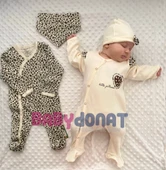 Açık Kahve Leopar Desenli Kız Bebek 4'lü Tulum Seti - 3
