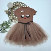 Petli Süslü Yüz Baskılı Kız Çocuk Elbisesi Kahverengi thumbnail 3