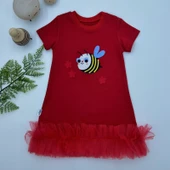Arayıcık Nakışlı Eteği Fırfırlı Jile Kız Çocuk Elbisesi Kırmızı - 2
