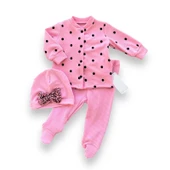 3-6-9-12 Ay Puantiyeli Şapkalı Çıtçıt Kapamalı Patikli 3lü Kız Bebek Takımı thumbnail 3
