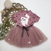 Petli Kedicik Baskılı Puantiyeli Kız Bebek Elbisesi Gül Kurusu - 2