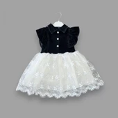 Astarlı Brode Etekli Kot Kumaş Düğmeli Kız Çocuk Elbisesi Siyah - 3