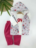 Kapşonlu Fermuarlı Çiçekli Şişme Yelek Sweat Pantolonlu 3lü Kız Erkek Çocuk Takımı thumbnail 3