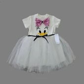 Pet Fiyonk Tokalı Ördek Nakışlı Astarlı Kız Bebek Tütü Elbisesi Beyaz - 1