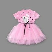 Petli Kedicik Baskılı Puantiyeli Kız Bebek Elbisesi Pembe thumbnail 4