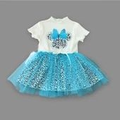 Fiyonklu Mickey Astarlı Etekli Kız Bebek Tütü Elbisesi Turkuaz-ekru thumbnail 4