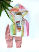Kapşonlu Fermuarlı Gökkuşağı Şişme Yelek Sweat Pantolonlu 3lü Kız Erkek Bebek Takımı thumbnail 1