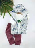 Kapşonlu Fermuarlı Çiçekli Şişme Yelek Sweat Pantolonlu 3lü Kız Erkek Çocuk Takımı thumbnail 2