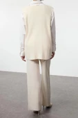 Tarz Kadın Modern Moda Normal Bel Boru Paça V Yaka Triko Yelek Pantolon Alt Üst Takım - 3