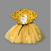 Petli Kedicik Baskılı Puantiyeli Kız Bebek Elbisesi Hardal - 2