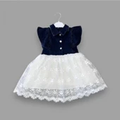 Astarlı Brode Etekli Kot Kumaş Düğmeli Kız Çocuk Elbisesi Lacivert - 7