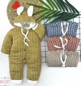 Düğme Kapamalı Kulaklı Kapşonlu Triko Kumaş Kız Erkek Bebek Tulumu Mavi thumbnail 1