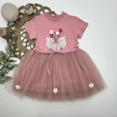 Tül Fiyonk Çiçekler Nakışlı Astarlı Kız Bebek Tütü Elbisesi Pudra - 3