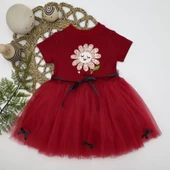 Pet Yapraklı Çiçek Nakışlı Astarlı Kız Bebek Tütü Elbisesi Kırmızı - 1