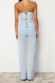 Kadın Moda Standart Kol Geniş Paça Straplez Düz Desen Regular Kemerli Straplez Denim Tulum - 5