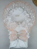 Yenidoğan Bal Peteği Taç Nakışlı Lüks Kundak Bebek Battaniyesi Ekru - 1