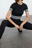 Tarz Kadın Modern Moda Normal Bel Boru Paça Bisiklet Yaka Çizgili Triko Alt-Üst Takım - 2